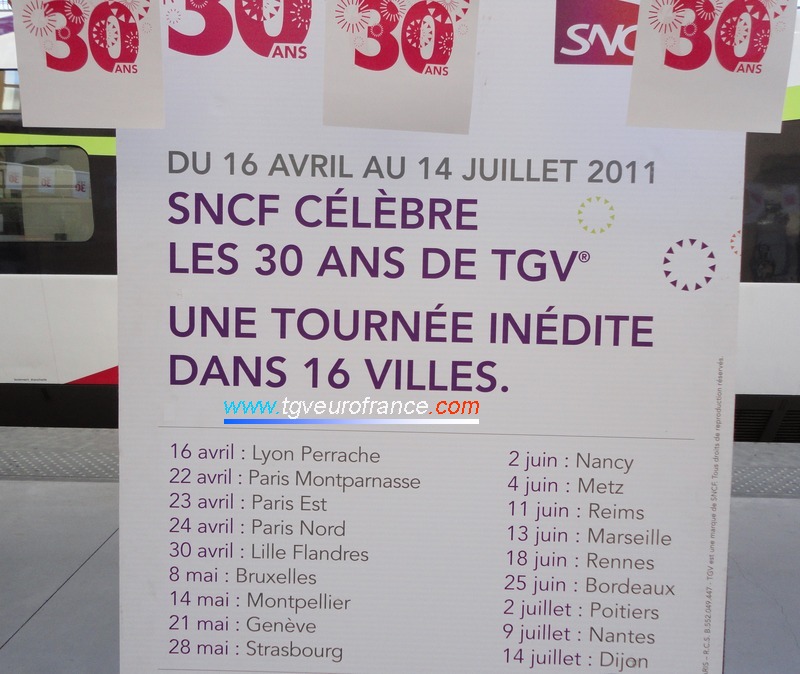 La rame TGV PSE 65 effectue une tournée dans 16 villes entre avril et juillet 2011.