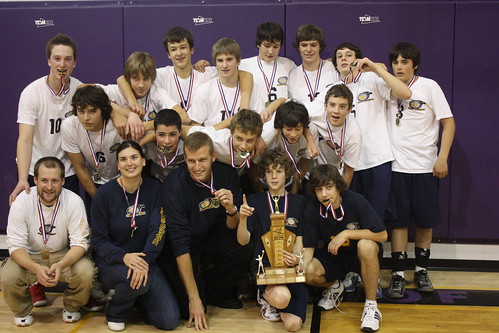 Our Junior Boys Volleyball team poses with their NorWOSSA Gold Medals.