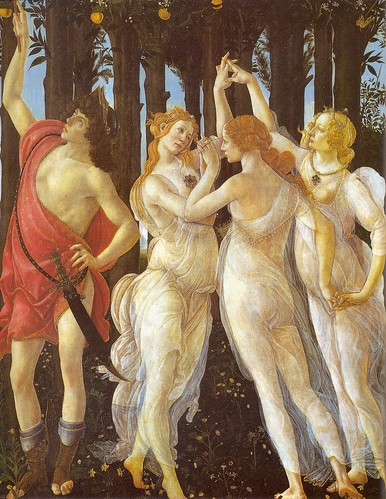 Botticelli: Primavera, detail left Mercury and right the three Graces