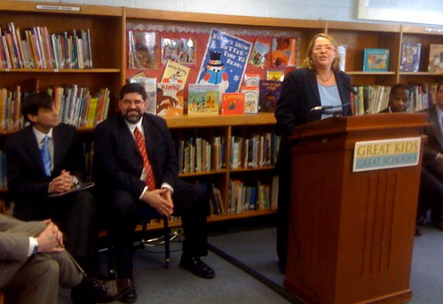 Principal Jenny Heinbaugh, City Schools' Michael Sarbanes and CEO Dr. Andres Alonso