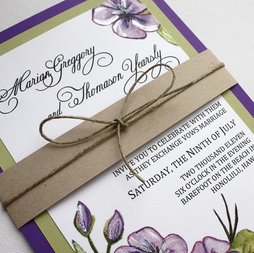 Purple and Green Floral Wedding Invitation Set with Belly Band