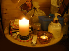 Vanilla scented candle and a nightlight