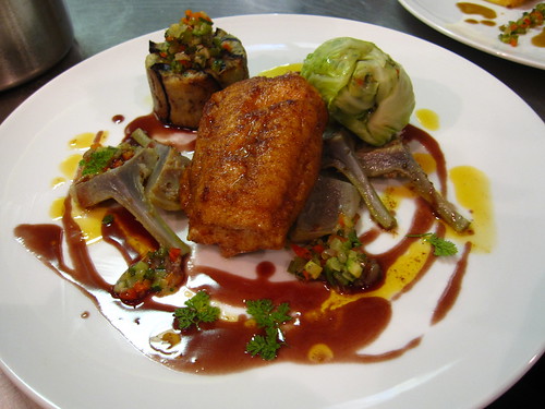 Spiced pollack with eggplant charlotte, artichoke fricasse and stuffed cabbage