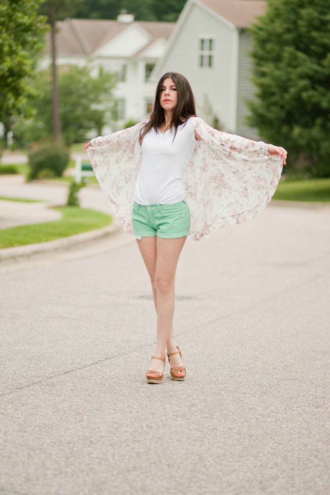Floral Print Lace Jacket, Mint Green Shorts, Fashion Outfit, Espadrille wedge sandals, Rebecca Minkoff Green Bag