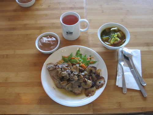 Cabbage soup, veal roast, mushroom sauce, veggies, potatoes, chocolate mousse, lemonade - $6