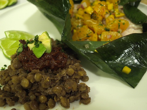 lentils with mole sauce; fish baked in banana leaves