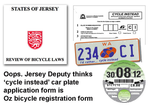 Jersey discusses registration of cyclists but uses Australian vanity car number plate form