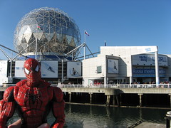 Spider-Man waits in line for Sochi House (during the 2010 Vancouver Olympics)