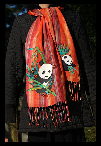 RASTA PANDA one of a kind batik applique scarf by Sandra Miller