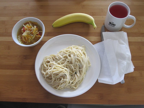 Cabbage soup, spaghetti with bleu cheese sauce, banana, lemonade - $6 from the bistro