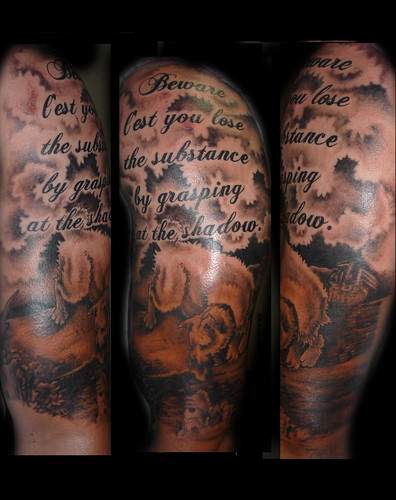 Half sleeve tattoo dog tattoo writing tattoo aesop fable tattoo