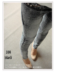 330(( PINK-YA )) * A660009 * 韓組 : 釘釦口袋反白刷色彈性窄管單寧褲 black