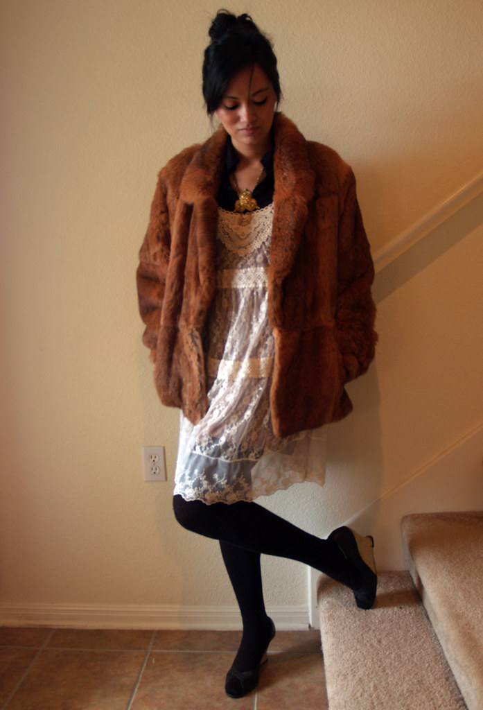 lace dress + fur coat