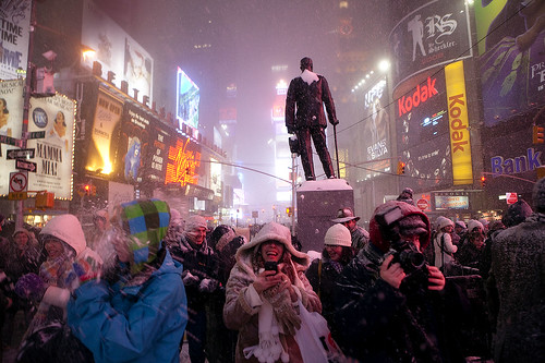 Snowstorm and snowball fight in Times Square, Manhattan, New York (larger size)