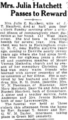 Mrs. Julia Hatchett Passes to Reward The Bee 6-15-1925 p.3