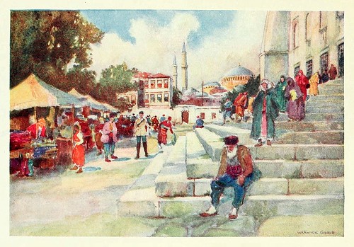 027-Mercado en el patio de la mezquita del sultan Ahmed I- Constantinople painted by Warwick Goble (1906)