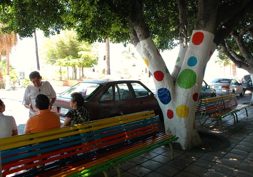 Pokadot tree and rainbow bench, people chatting, parked cars on the main street, La Paz, Baja California Sur, Mexico by Wonderlane