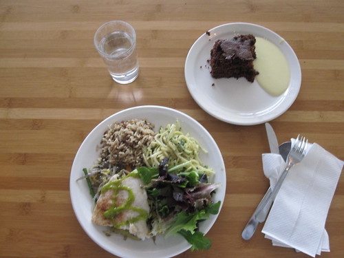 fish, wild rice with sesame seeds, remoulade, salade, veggies, chocolate cake - $6
