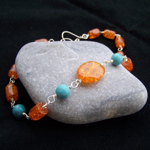 Amber, turquoise and silver plated necklace