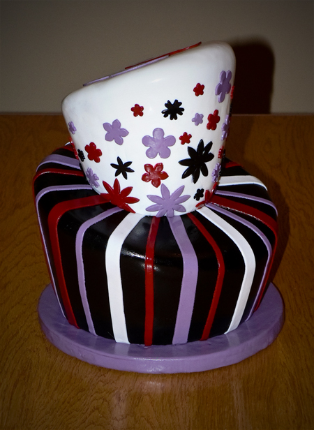 wonky topsy turvy whimsical 13th birthday shiny carved fondant black red purple white chocolate 13
