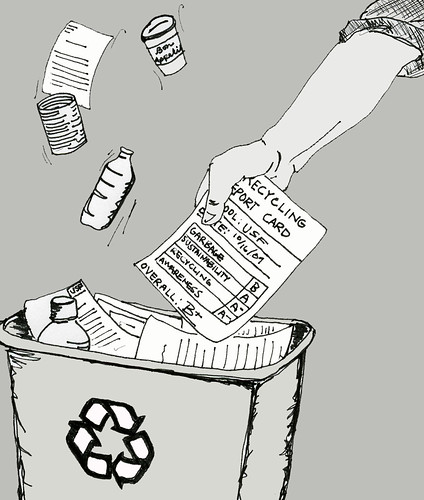 While USF has a thorough recycling and composting system in place, the university was deducted points for low student involvement.  Illustration by Elizabeth Brown/Foghorn