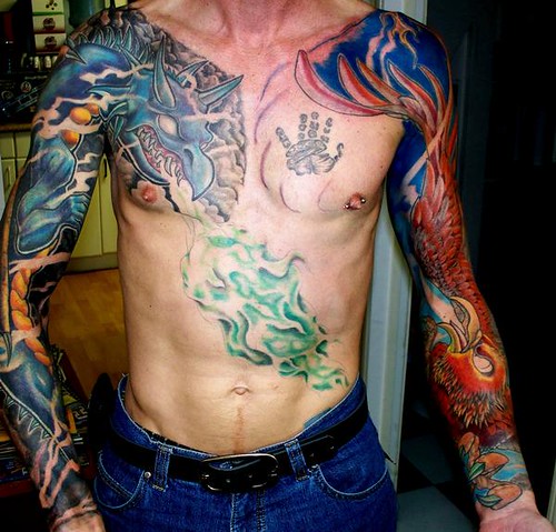 Dragon and Pheonix Sleeves tattoo. Dragon and phoenix sleeves