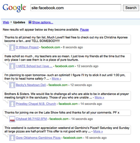 That configures Google Real Time Search to show only updates from Facebook, 