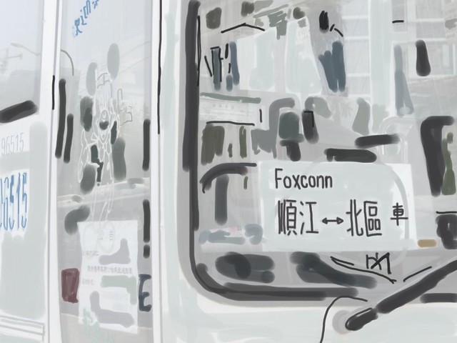 Bus for workers, Foxconn plant, Chengdu