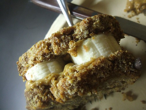 peanut butter and banana on chocolate chip banana bread sammich
