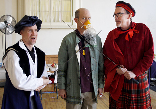 February 9, 2010 - At the rehersal for The Complete Works of William Shakespeare (Abridged) Brian Joseph Smith (left) and Phil Kilbourne (right) threaten Sam Rush with swords while he pleads through his in-case-of-emergency mask. 