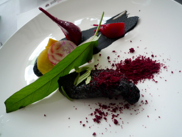 John dory cooked with squid, Daylesford beetroots, burnt carrot puree, rice paddy herb, glory spinach