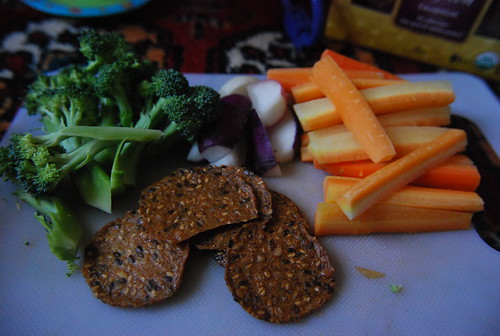 Broccoli, radishes and carrots with onion crackers