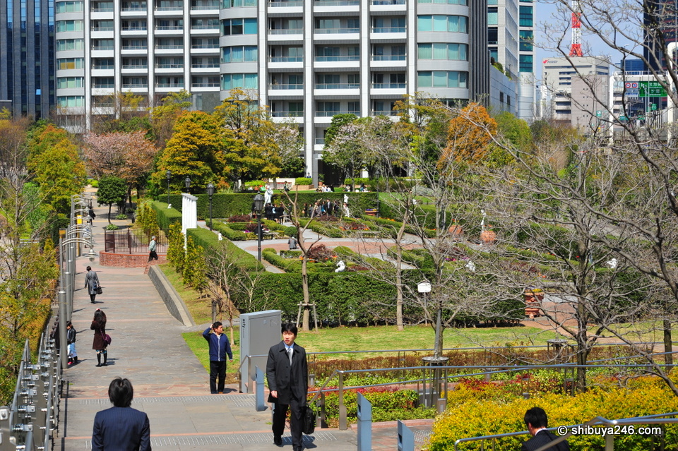 There is a nice sunken garden in between the Shiodome Building and the apartment towers along the walk towards Shinbashi.