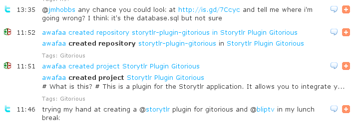 Screenshot of my Gitorious plugin for Storytlr
