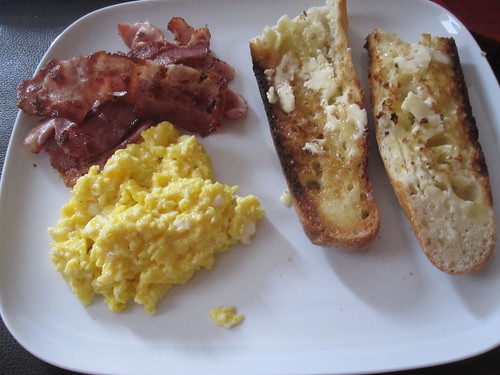 Eggs, bacon, toasted baguette