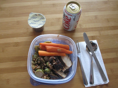 Chicken, Brussel sprouts, carrots, chocolate pudding from home, Diet Coke (1.25)