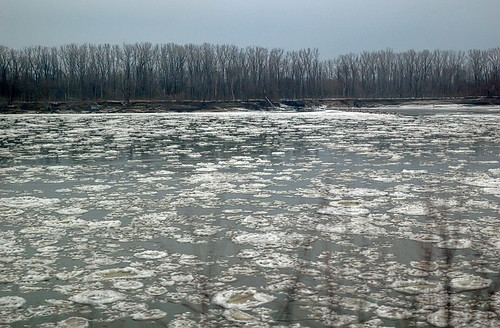 Ice floes on the Missouri River near Washington, Missouri, USA - view from Amtrak train