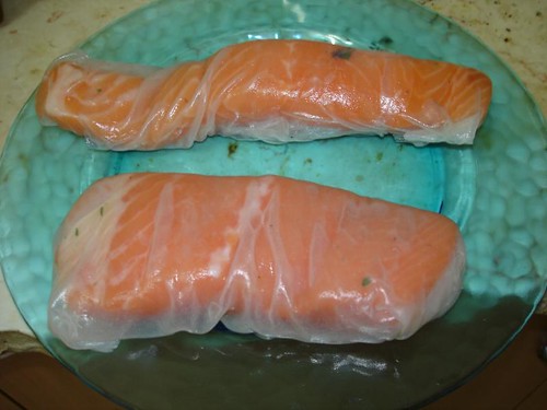 Salmon wrapped in rice paper