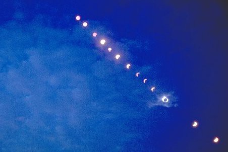 Multiple exposure of progression of solar eclipse.