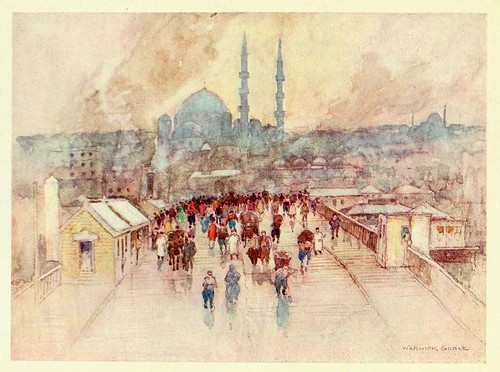030-Un dia de lluvia en el puente Galata- Constantinople painted by Warwick Goble (1906)
