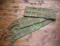 Handspun, handwoven, green and brown scarf