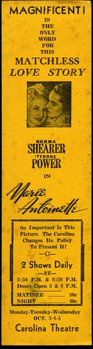 Bookmark advertisement for "Marie Antoinette" film, showing at Carolina Theater