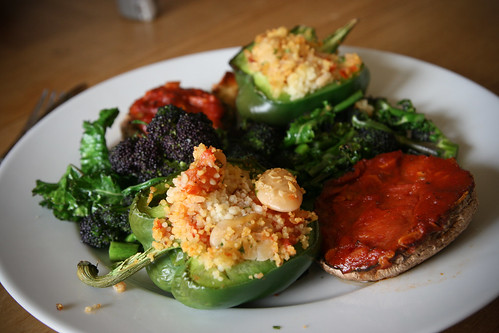 Stuffed peppers and mushrooms with purple sprouting broccoli