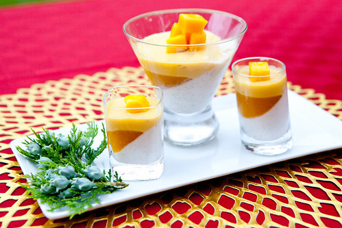 Vanilla yogurt panna cotta, mango gelee, passion fruit-mango mousse