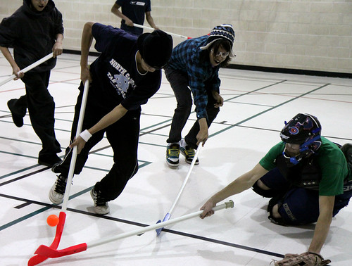 Wednesdays floor hockey game attracted a spirited group of players.