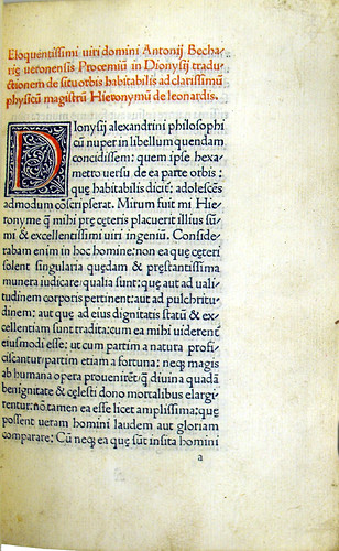 Incipit printed in red and decorated woodcut initial in Dionysius Periegetes: De situ orbis