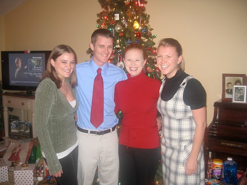 Chris sister, Annie, Chris, me, and my sister, Ginny, at my parents house for Christmas (2007)