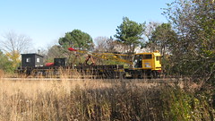 Metra m.o.w Burro crane and boom tender car. Glenview Illinois. Early November 2009.