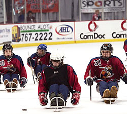 four people in uniforms and helmets on hockey sleds