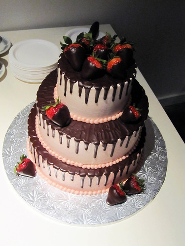 Glorious Neapolitan cake—layers of chocolate and white cake with strawberry 